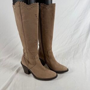 Le Saunda Tan Leather Tall Boots Scalloped Laser Cut Western Boho Size 35- 5US